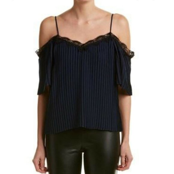 Alice + Olivia Fefe Top Blue Black Pleated Lace Trim Cold Shoulder - Picture 1 of 8